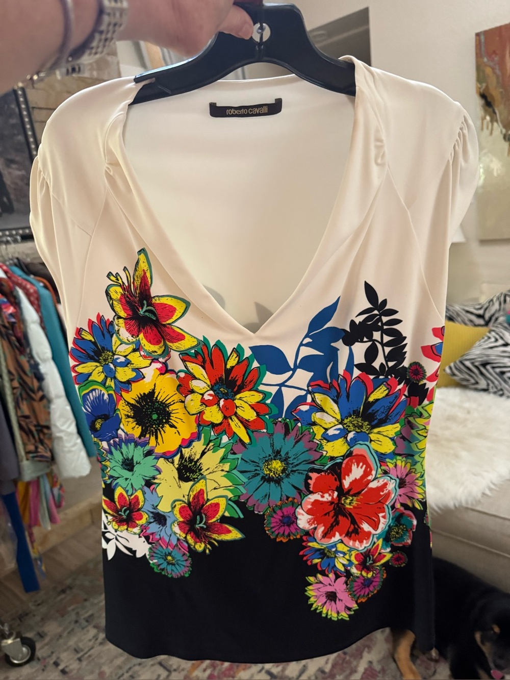 Roberto Cavalli Floral V-Neck Top IT 46 US 10 Multicolor Stretch Jersey Authenti